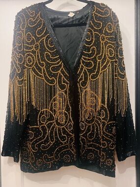 Black Beaded Fringe Jacket with Gold Embroidery